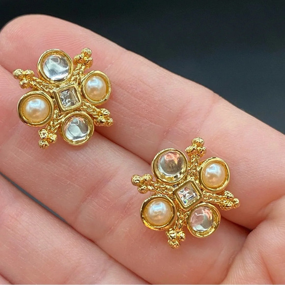 Dainty Faux Pearl and Gold Tone Stud Earrings pierced - Picture 7 of 11